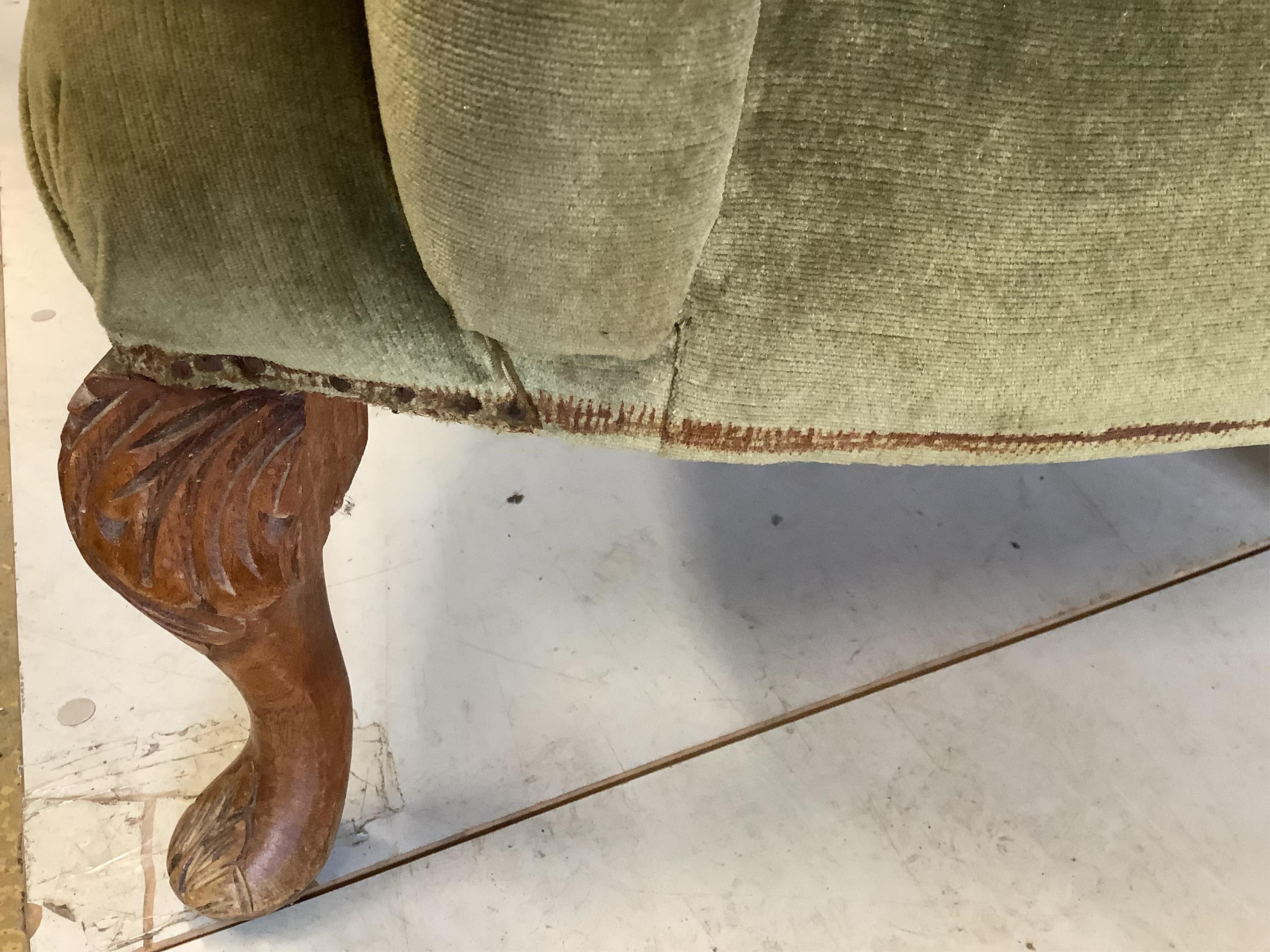 A pair of George I style upholstered wing armchairs, width 82cm, depth 88cm, height 104cm. Condition - fair